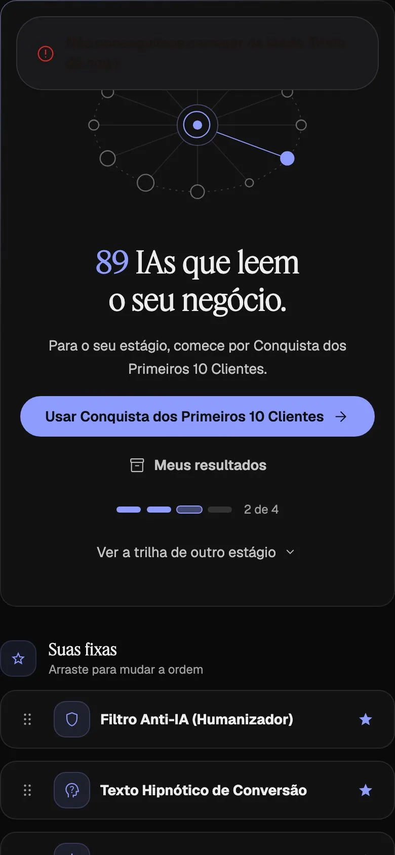 Tela do N1P: 89 IAs que leem o seu negócio, com dados de demonstração