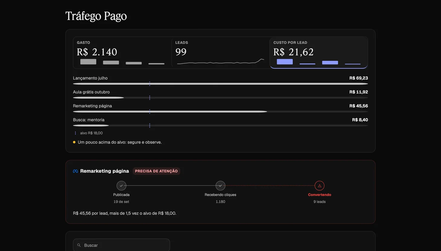 Tela do N1P: tráfego pago com gasto, leads e custo por lead, com dados de demonstração